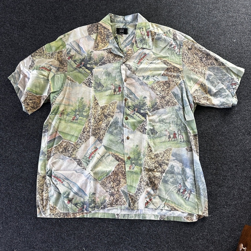 Ike Behar Mens XL Vintage Golf Scene Print Button Down Shirt Made in USA Green